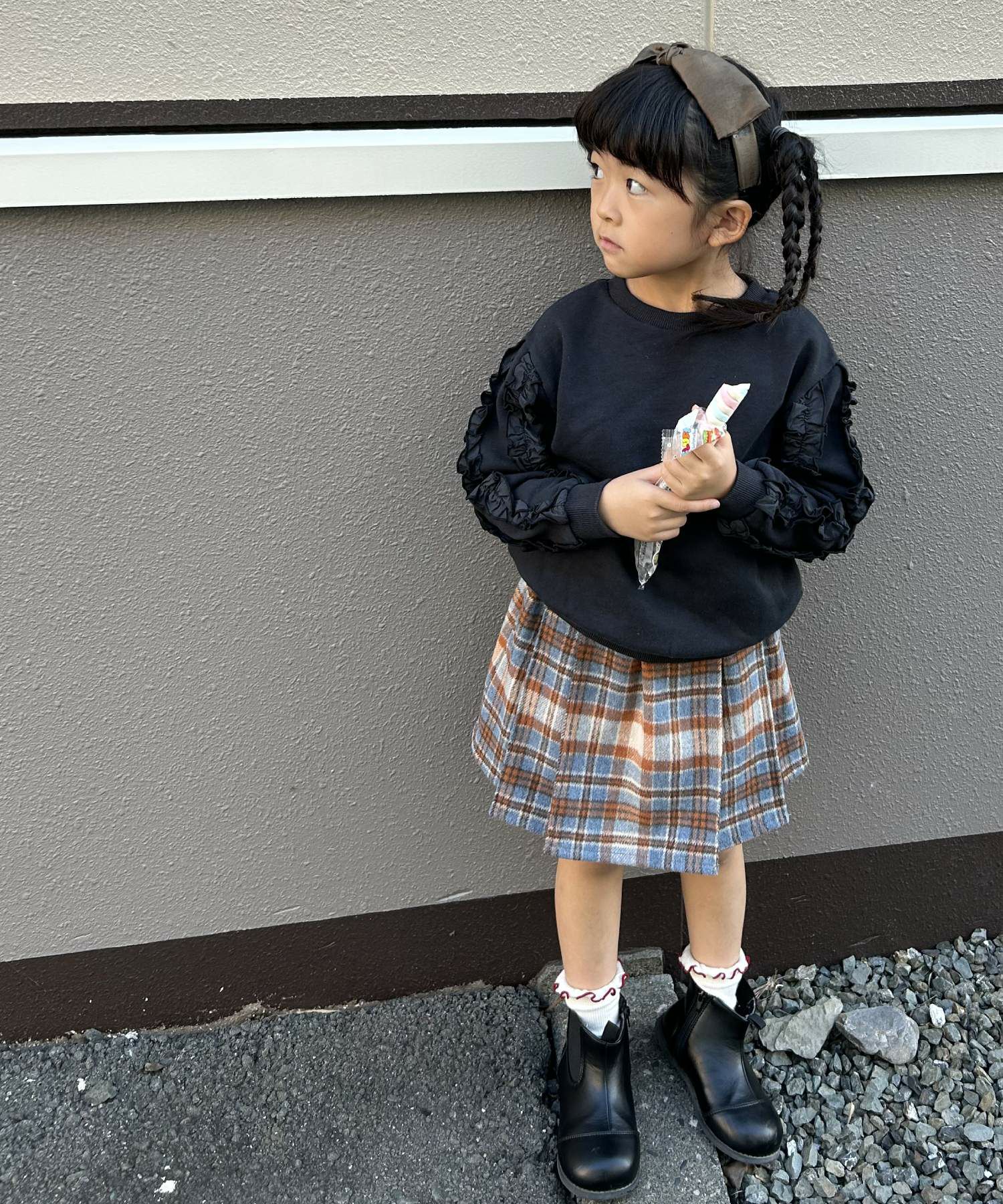 セール】チェックとフェイクレザーのプリーツスカート□80～140cm