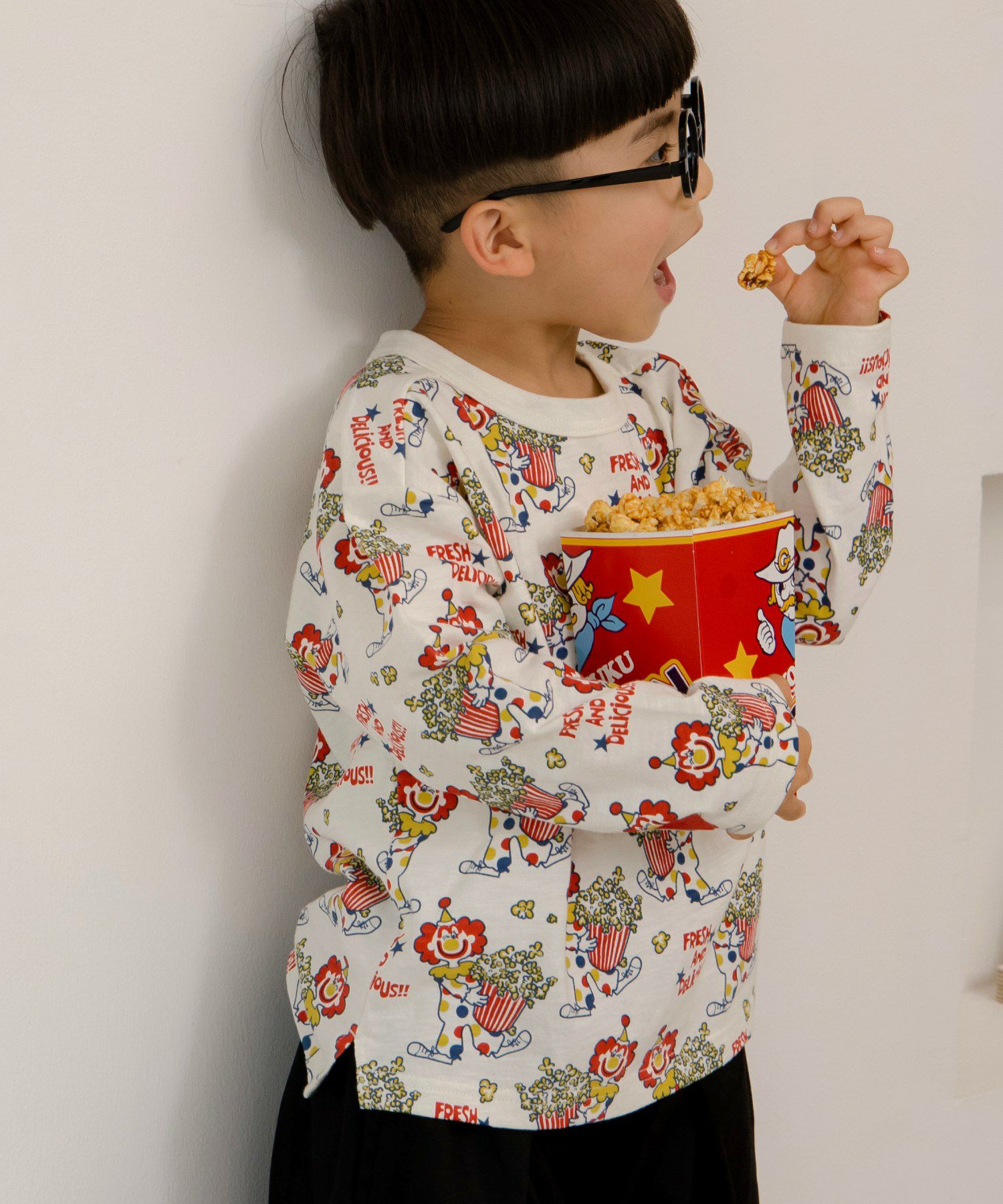 ピエロとポップコーン総柄前開きカバーオール | MAKE YOUR DAY